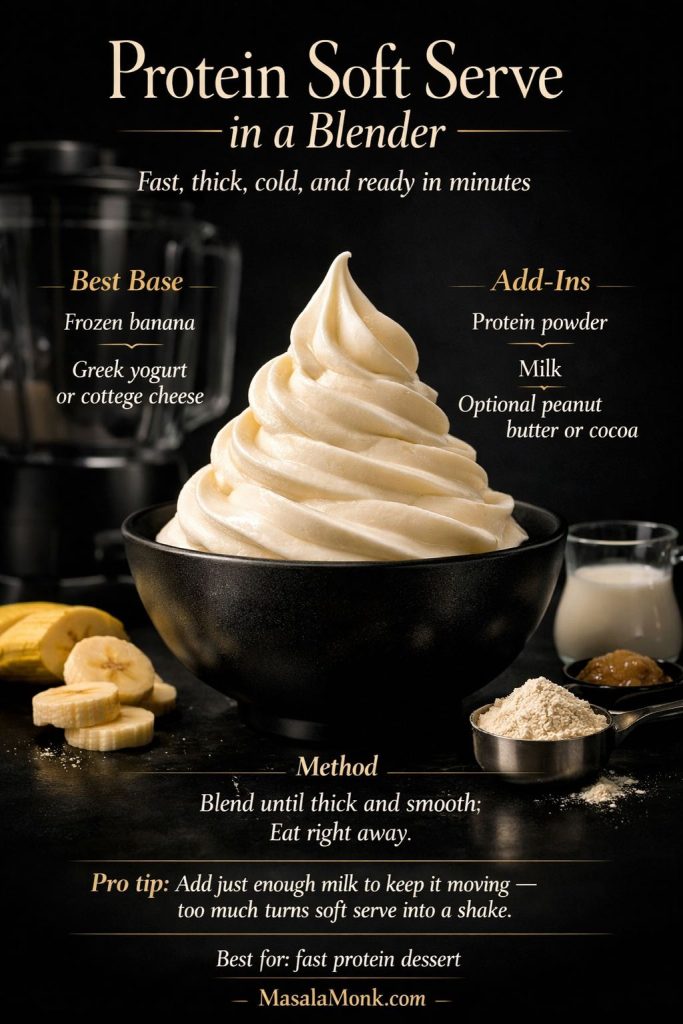 Protein soft serve in a blender with a glossy creamy swirl in a black bowl, plus quick ingredient and method text for a fast homemade protein ice cream dessert.