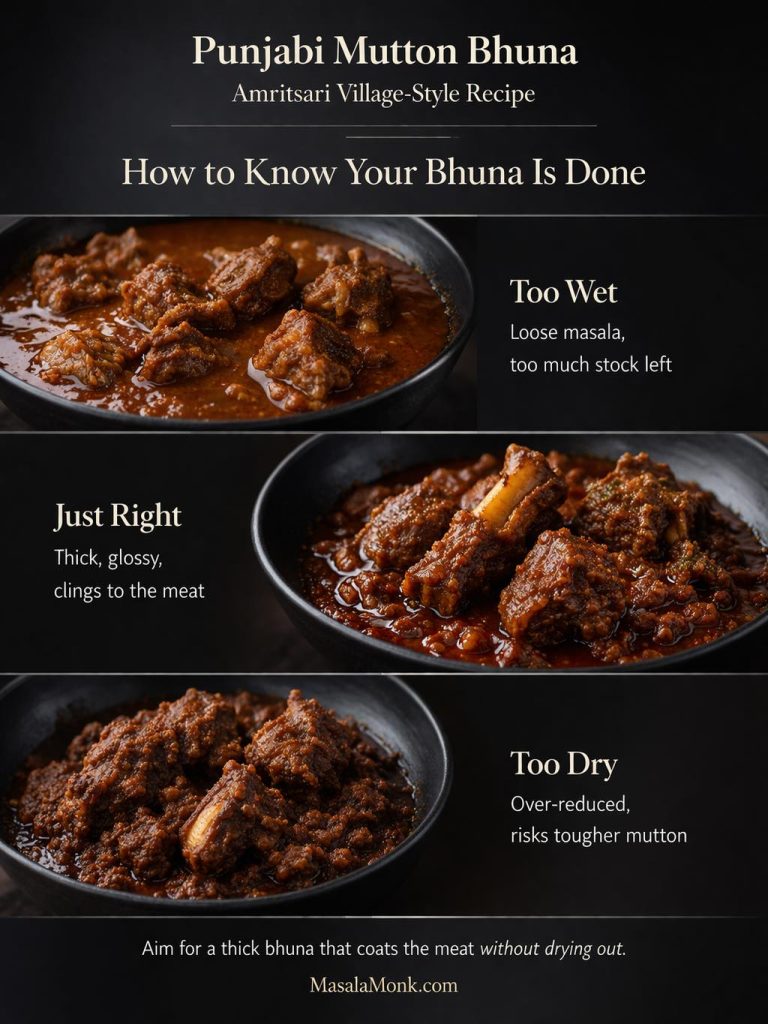 Texture guide for Punjabi mutton bhuna showing three stages of doneness: too wet, just right, and too dry, with the ideal thick glossy bhuna texture highlighted.