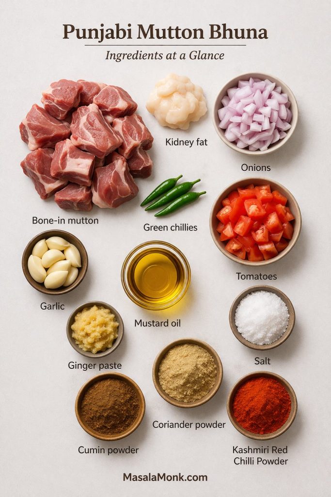 Punjabi mutton bhuna ingredients laid out and labeled, including bone-in mutton, kidney fat, onions, tomatoes, green chillies, garlic, ginger paste, mustard oil, salt, cumin powder, coriander powder, and Kashmiri red chilli powder.