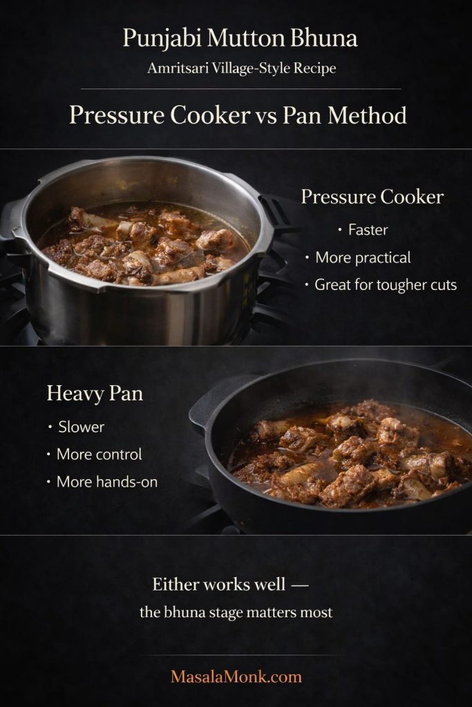 Comparison image for Punjabi mutton bhuna showing pressure cooker and heavy pan methods side by side, highlighting faster cooking versus slower more controlled cooking.