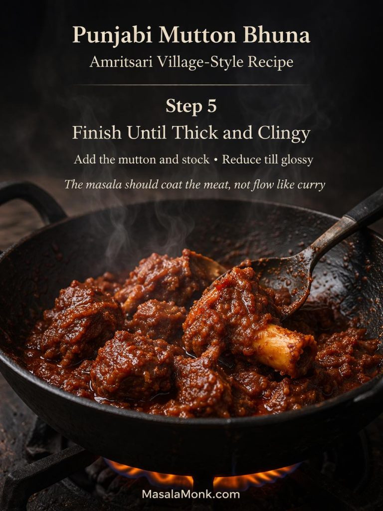 Step 5 image for Punjabi mutton bhuna showing the final bhuna stage, where bone-in mutton cooks in a thick glossy masala until the coating clings to the meat.