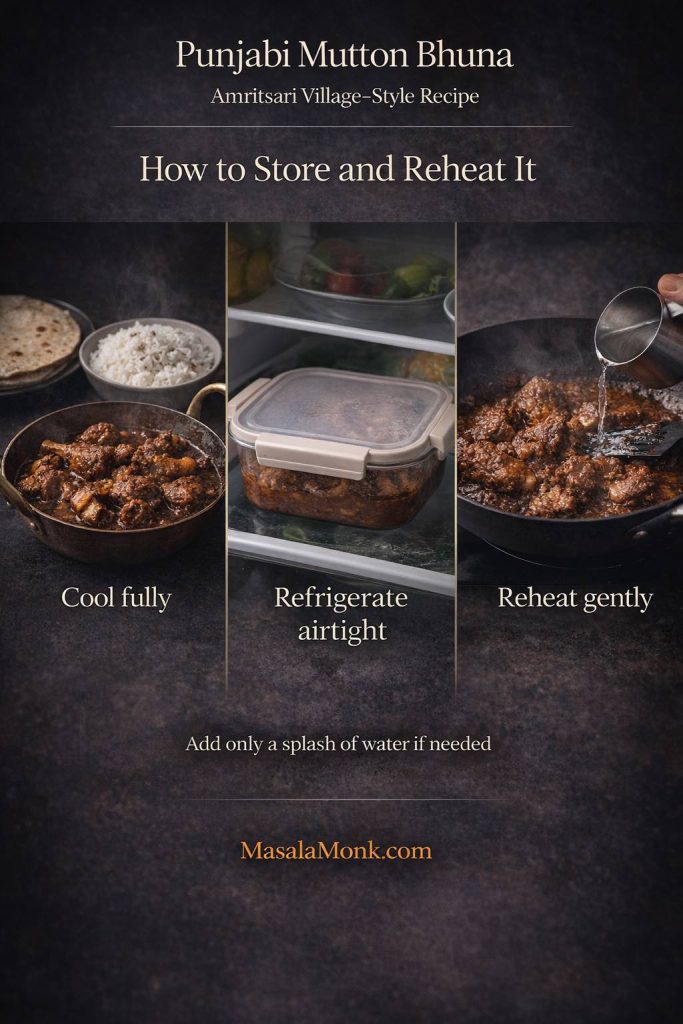 Storage and reheating guide for Punjabi mutton bhuna showing how to cool fully, refrigerate in an airtight container, and reheat gently with only a small splash of water if needed.