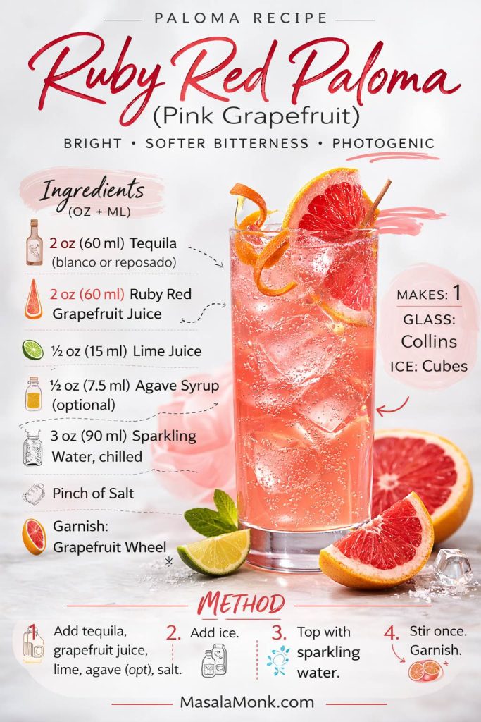This ruby red Paloma (aka pink grapefruit Paloma) is the photogenic, softer-bitter version of a fresh Paloma. Ruby red grapefruit juice is usually easier to balance than white grapefruit—so you get bright citrus flavor without that stern edge. Build tequila + juices first, add ice, top with sparkling water, then stir once and garnish with a grapefruit wheel.
