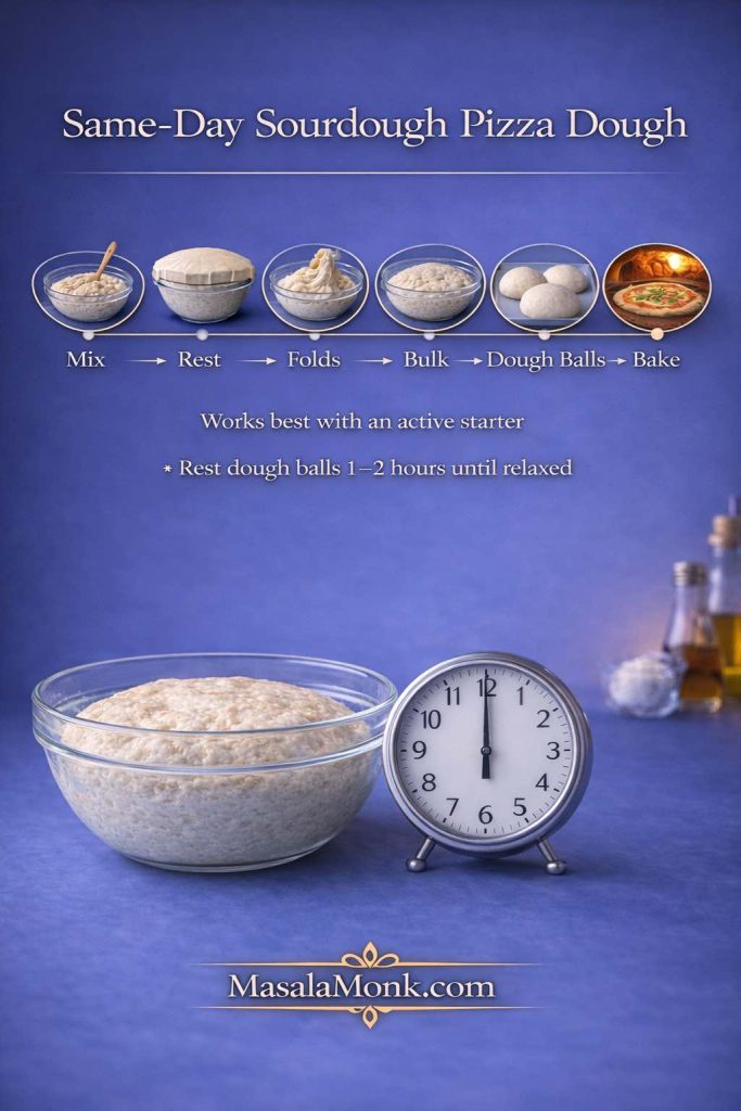 Use this same-day sourdough pizza dough rhythm when you want pizza tonight: mix, rest, fold, bulk ferment, shape dough balls, then bake hot for a crisp crust.