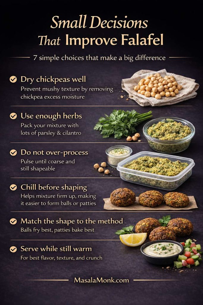 Falafel tips guide highlighting small decisions that improve a falafel recipe, including drying chickpeas well, using enough herbs, avoiding over-processing, chilling before shaping, matching shape to cooking method, and serving warm with sauce.