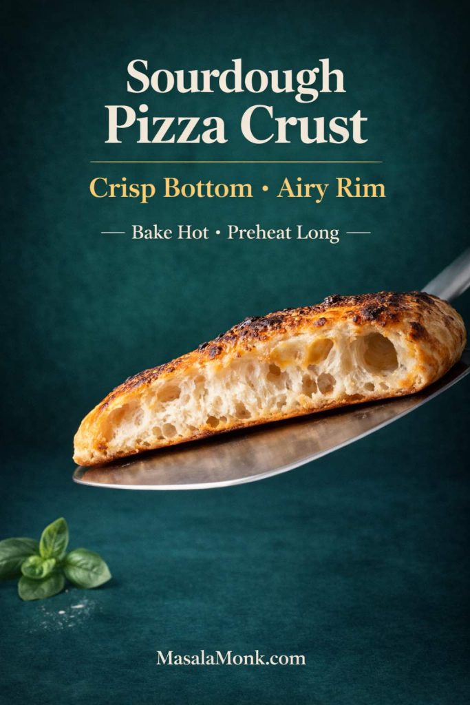 Underside view of sourdough pizza crust showing a browned, crisp bottom and airy rim on a peel, with text “Bake Hot • Preheat Long.”