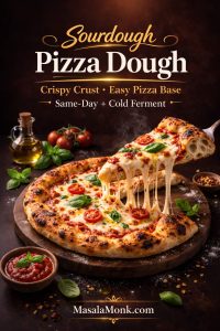 Sourdough pizza dough cover image showing a golden, crispy crust pizza with a cheese-pull slice lifted, plus sauce, basil, and olive oil props.