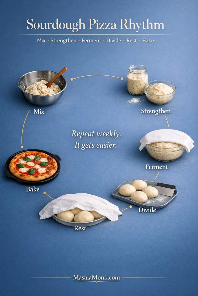 Sourdough pizza dough gets easier when you treat it like a rhythm: mix, strengthen, ferment, divide, rest, then bake—repeat weekly and your pizza base and crust improve every time.