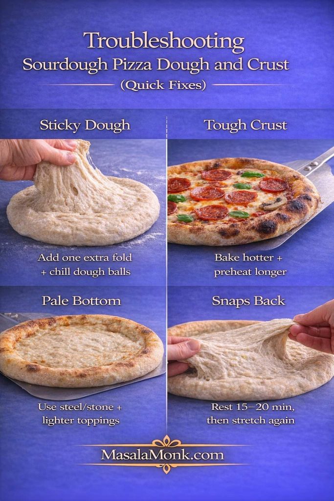 If your sourdough pizza dough feels sticky, your crust turns tough, the bottom stays pale, or the dough snaps back—use these quick fixes to get a stronger dough and a crisp, golden crust.