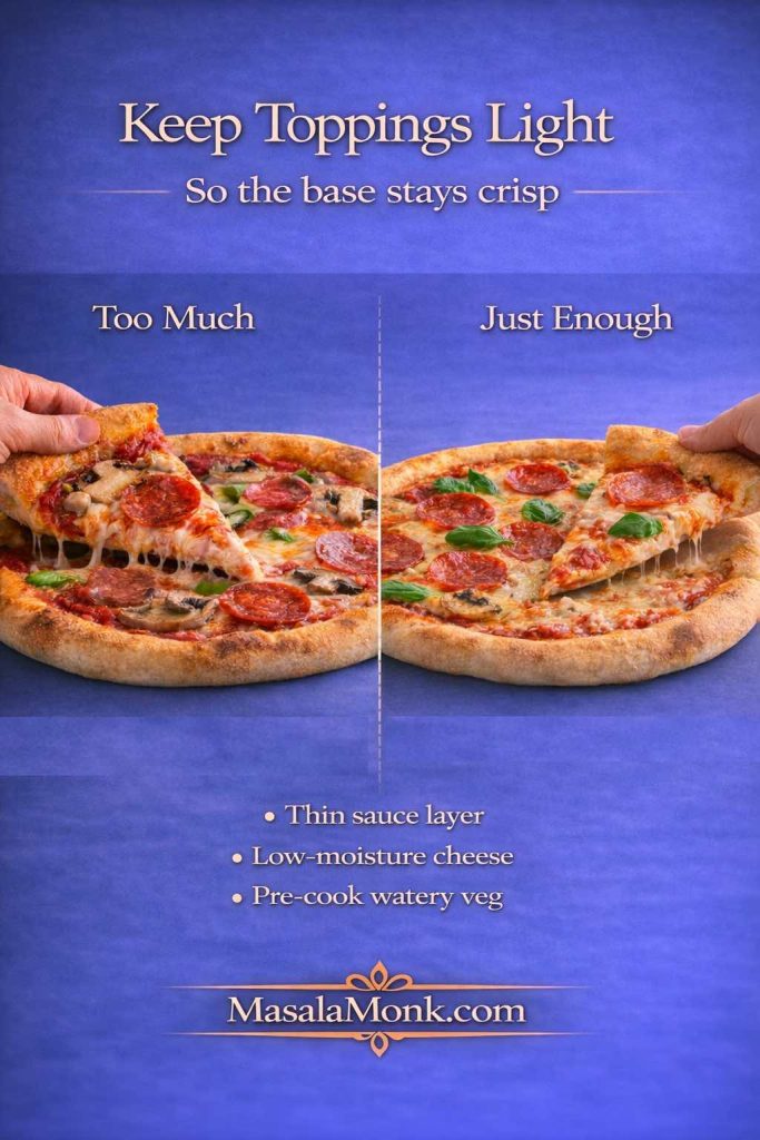Comparison image showing sourdough pizza toppings balance: “too much” versus “just enough” toppings to keep the pizza base crisp, with tips for thin sauce and low-moisture cheese.