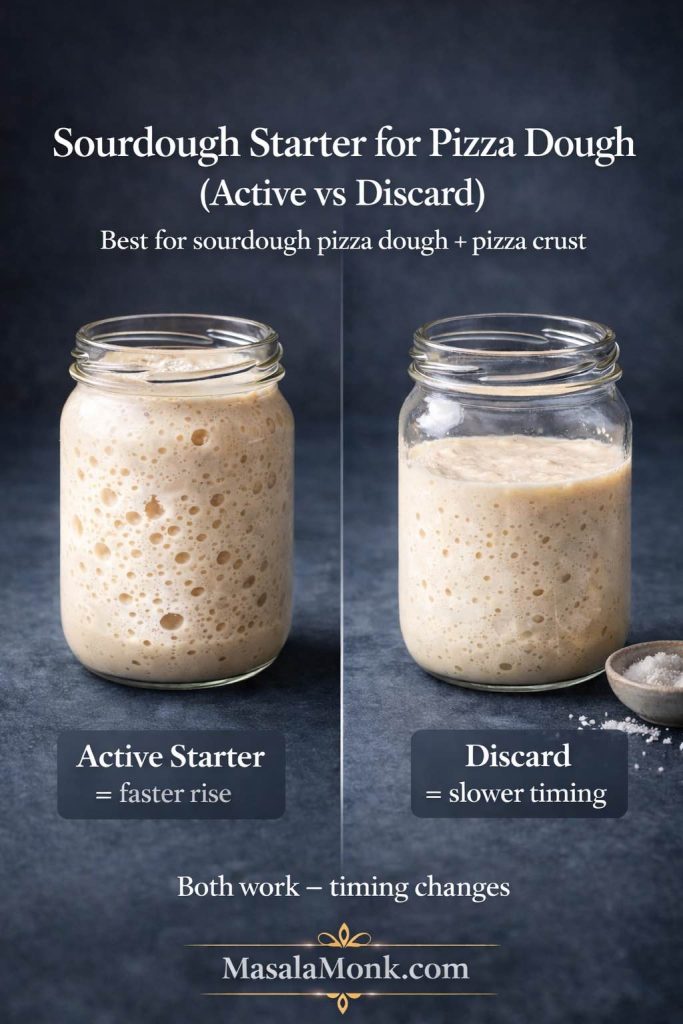 Sourdough starter for pizza dough comparison showing active starter versus discard, with active starter rising faster and discard needing longer timing.