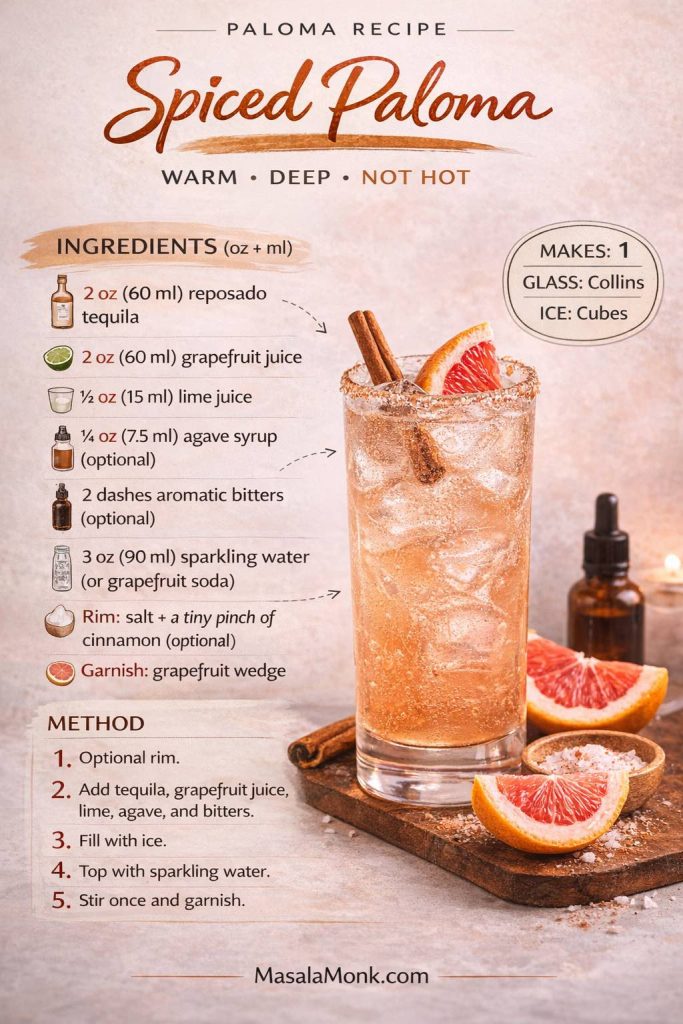 This spiced Paloma is warm and aromatic without being “hot.” Reposado tequila adds soft richness, grapefruit keeps it bright, and a tiny pinch of cinnamon in the salt rim (optional) makes the whole drink feel deeper and more “winter bar.” Add bubbles last, stir once, and garnish with grapefruit for a cozy Paloma that still drinks crisp.