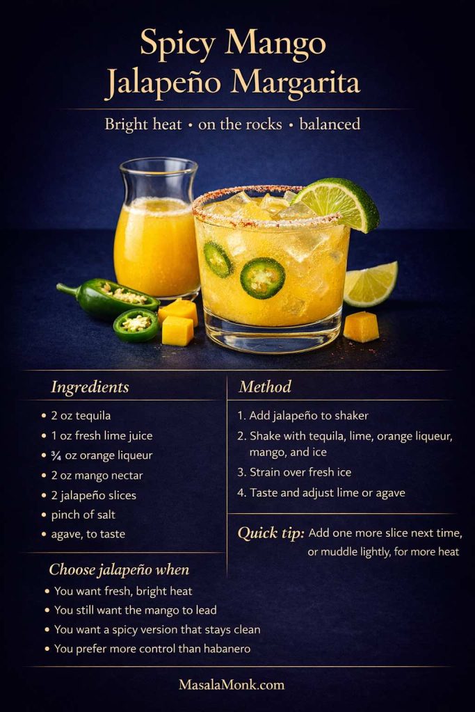 This spicy mango jalapeño margarita mini card gives you the clean on-the-rocks version in one quick visual: tequila, fresh lime juice, orange liqueur, mango nectar, jalapeño slices, and a pinch of salt, shaken hard and strained over fresh ice. It’s the best spicy version when you want a mango jalapeño margarita that still tastes bright, balanced, and mango-forward instead of overly hot or sticky. Save it for later, then keep reading for the heat ladder, the careful mango habanero margarita approach, and how to get a mango chili margarita feel without a bottled mix.