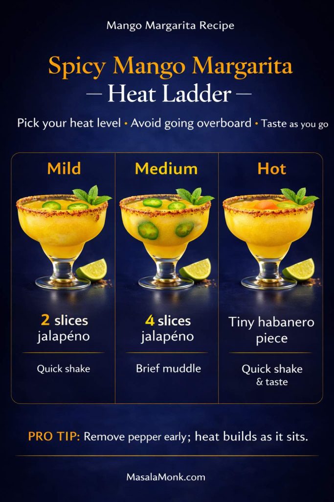 Infographic showing a spicy mango margarita heat ladder with three levels—mild, medium, and hot—using jalapeño slices or a tiny habanero piece, plus quick shake/muddle guidance.