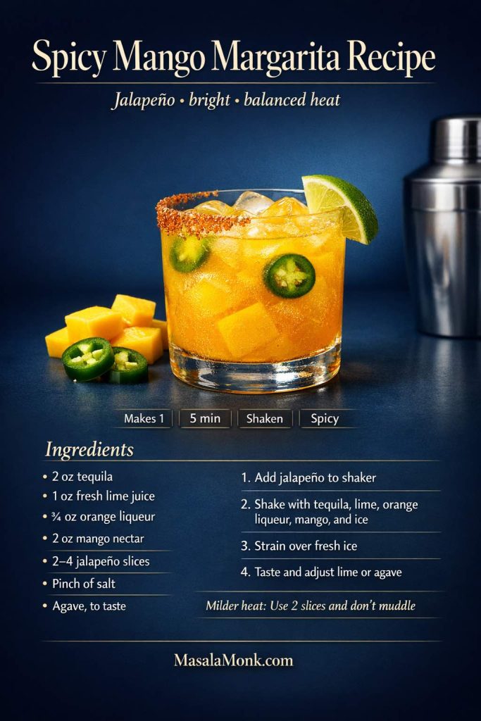 Premium spicy mango margarita recipe card showing a jalapeño mango margarita on the rocks with lime wedge, Tajín-style rim, fresh jalapeño slices, mango cubes, ingredient list, and step-by-step method on a dark blue studio background.