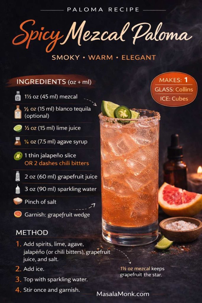 Dark recipe poster titled “Spicy Mezcal Paloma” with the descriptor “Smoky, Warm, Elegant.” It lists ingredients in oz and ml: mezcal, optional blanco tequila, lime juice, agave syrup, one thin jalapeño slice or chili bitters, grapefruit juice, sparkling water, pinch of salt, and grapefruit wedge garnish. The method shows adding spirits, citrus, agave, jalapeño or bitters, grapefruit juice, and salt, adding ice, topping with sparkling water, then stirring once and garnishing.