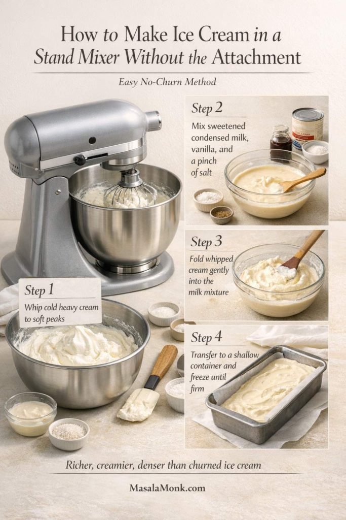 Step-by-step no-attachment stand mixer ice cream guide showing whipped cream, sweetened condensed milk mixture, gentle folding, and transfer to a shallow container to freeze until firm.
