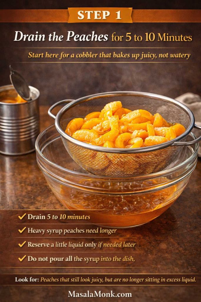 This Step 1 peach cobbler with canned peaches technique card shows one of the most important moves in the whole recipe: drain the peaches for 5 to 10 minutes before they go into the dish. That small step helps control excess syrup, keeps the batter from getting flooded, and gives you a cobbler that bakes up juicy, golden, and spoonable instead of watery. If the peaches are packed in heavy syrup, draining well matters even more.