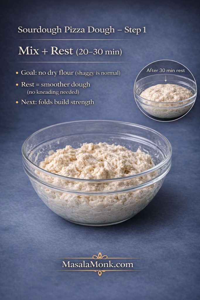 Step 1: Mix until there’s no dry flour, then rest 20–30 minutes—shaggy dough is normal, and the rest makes it noticeably smoother with no kneading.