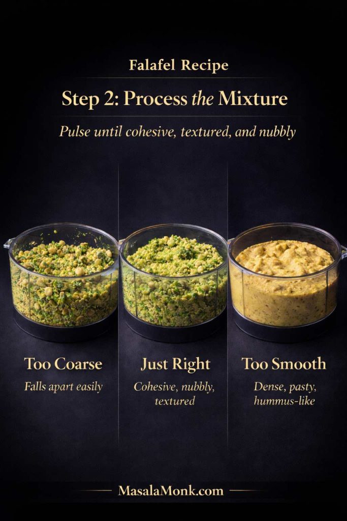 Dark luxe Falafel Recipe Step 2 guide comparing three food processor textures for falafel mixture: too coarse, just right, and too smooth