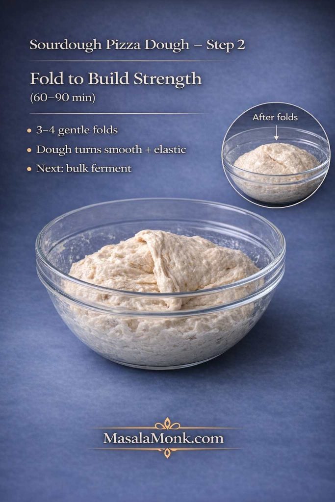 Step 2 of sourdough pizza dough showing stretch-and-folds to build strength, with dough turning smoother and more elastic before bulk fermenting.