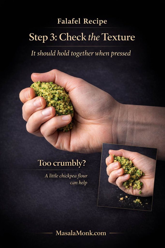 Dark luxe Falafel Recipe Step 3 guide showing falafel mixture pressed in hand, with a crumbly comparison and note that a little chickpea flour can help if the mixture does not hold together.