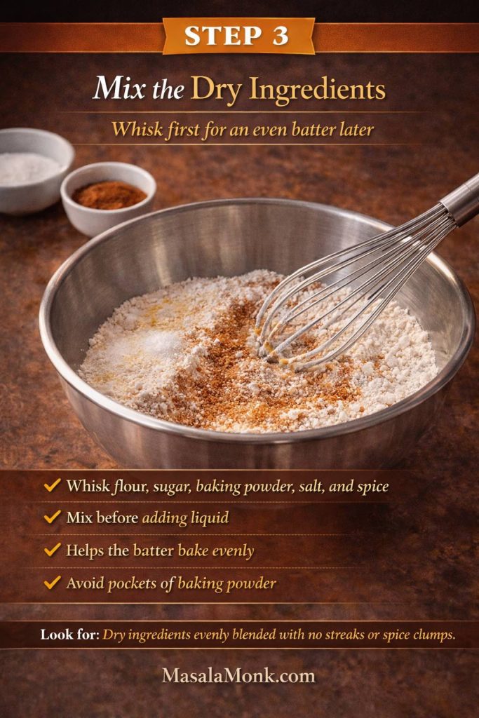 Step 3 peach cobbler with canned peaches technique card showing flour, sugar, baking powder, salt, and spice being whisked together in a bowl before adding the liquid ingredients.
