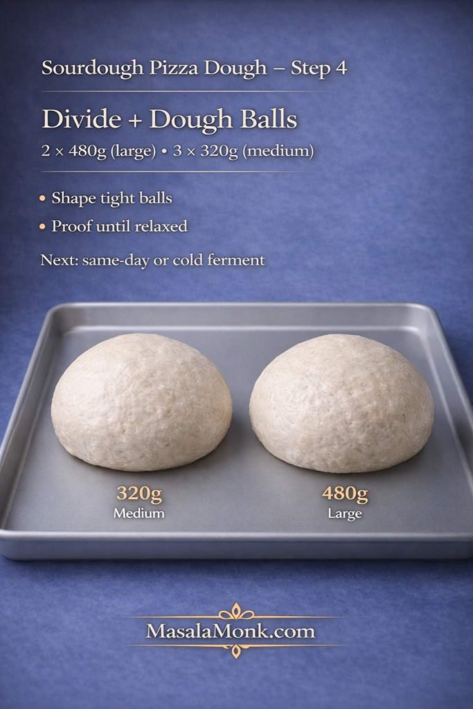 Step 4 sourdough pizza dough card showing two dough balls labeled 320g and 480g with guidance to shape tight balls and proof until relaxed before fermenting.