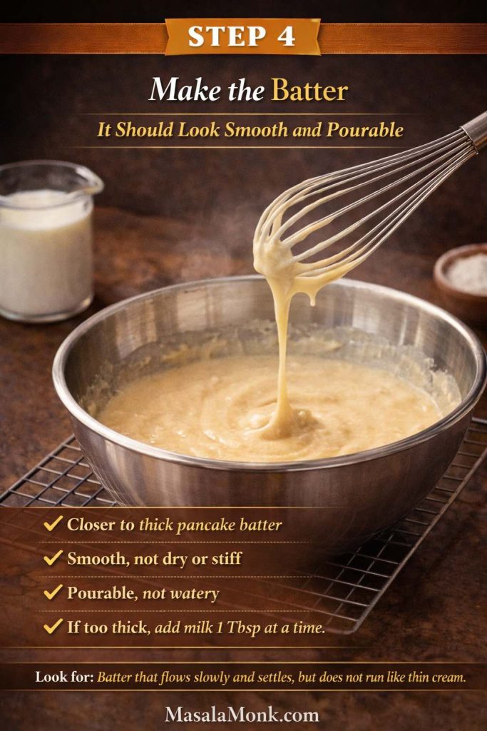 Step 4 peach cobbler with canned peaches technique card showing smooth, pourable batter in a mixing bowl, with guidance that the batter should be thick like pancake batter, not stiff and not watery.