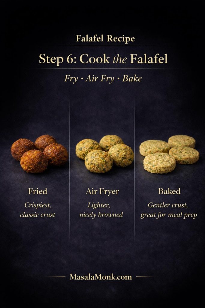 Cooking method changes the final character of falafel more than most people expect. Frying gives the deepest crust and the most classic result, air frying offers a lighter route with good browning, and baking is especially practical for batch cooking and meal prep. Choosing the method that matches the meal you want makes the whole recipe feel more intentional and helps set the right expectations before you move into the detailed method sections below.