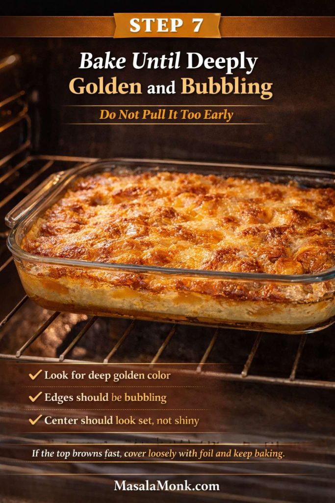 Step 7 peach cobbler with canned peaches doneness guide showing a baked cobbler in the oven with a deeply golden top, bubbling edges, and a set center to show when the cobbler is ready to come out.