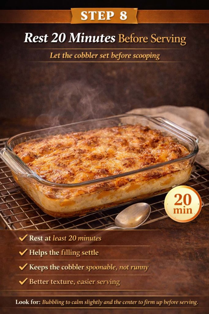 Step 8 peach cobbler with canned peaches technique card showing the baked cobbler resting for 20 minutes before serving so the filling can settle and the dessert becomes spoonable instead of runny.