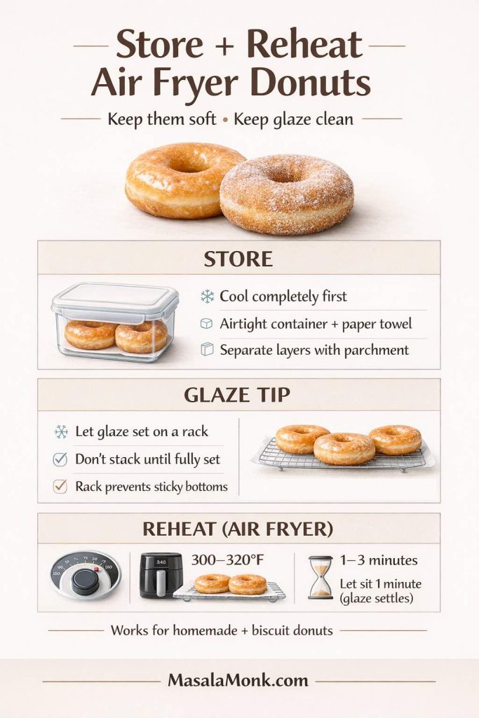 Infographic titled “Store + Reheat Air Fryer Donuts” showing how to store donuts (cool completely, airtight container with paper towel, parchment between layers), a glaze tip (let glaze set on a rack, don’t stack until fully set), and how to reheat donuts in the air fryer at 300–320°F for 1–3 minutes.