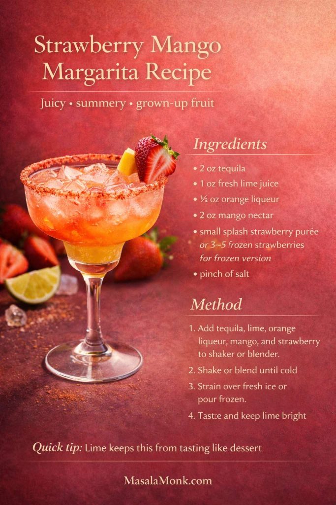 This strawberry mango margarita recipe card gives the variation a brighter, fruitier, more summery personality while still keeping it cocktail-shaped. With tequila, fresh lime juice, orange liqueur, mango nectar, and a small strawberry purée splash or frozen strawberries for the blended version, it shows how to make a strawberry and mango margarita that tastes juicy and playful without turning candy-sweet. The key move is simple: keep lime lively so the fruit stays fresh and grown-up. Save this card for warm-weather hosting, then keep reading for the cleaner orange mango margarita, softer peach mango margarita, and sleeker mango drink detours below.