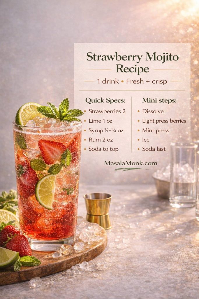 Strawberry Mojito Recipe (1 drink): a fresh, crisp twist on the classic mojito—lightly press the berries, keep mint gentle, and add soda last so the drink stays bright and fizzy instead of turning watery.