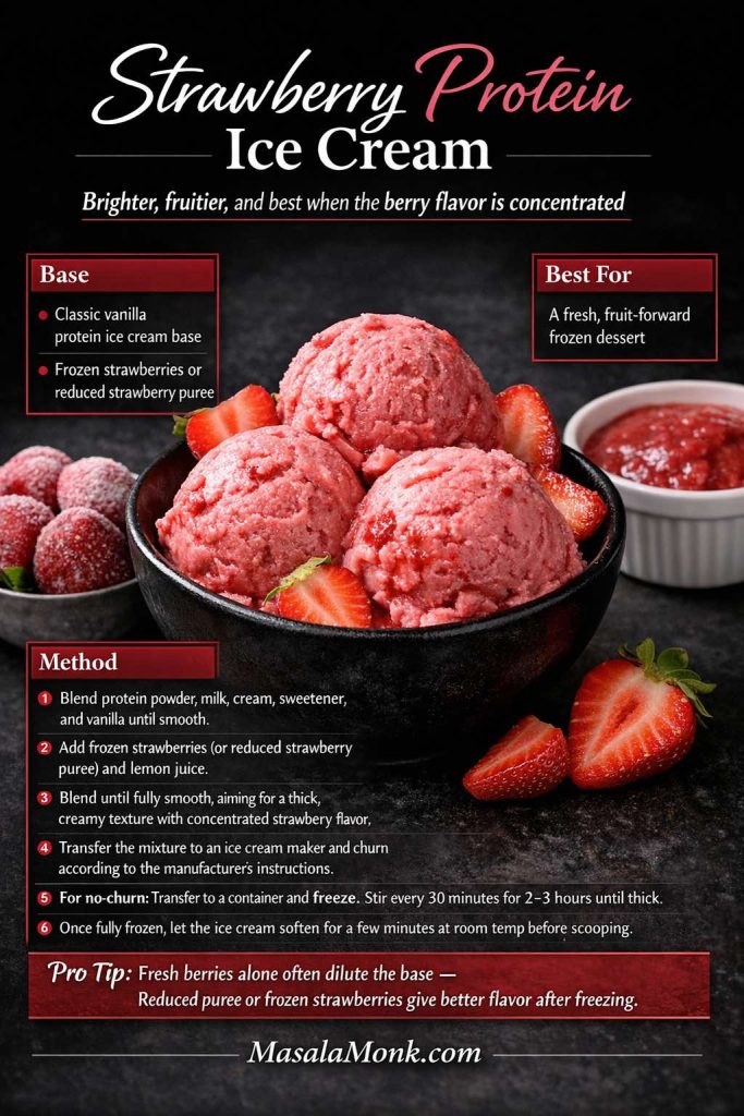Strawberry protein ice cream in a black bowl with recipe text overlay, showing a fruit-forward homemade protein ice cream made with concentrated strawberry flavor for a brighter, stronger scoop.
