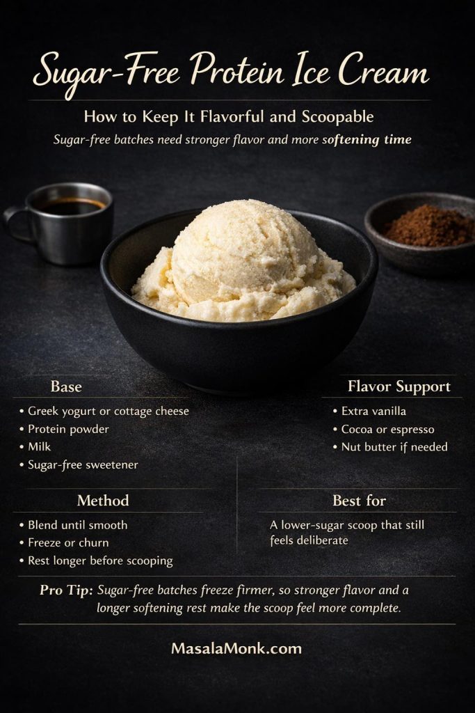 Sugar-free protein ice cream in a black bowl with text overlay showing a lower-sugar homemade protein ice cream made with Greek yogurt or cottage cheese, protein powder, milk, and sugar-free sweetener.