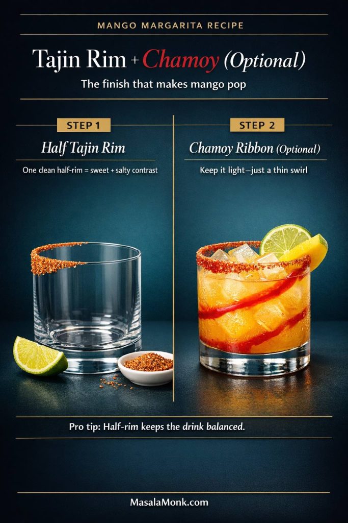 For a mango margarita that tastes instantly more “bar-style,” do a half Tajín rim for sweet-salty contrast, then add a thin chamoy ribbon (optional) for a bright, candy-tang finish.