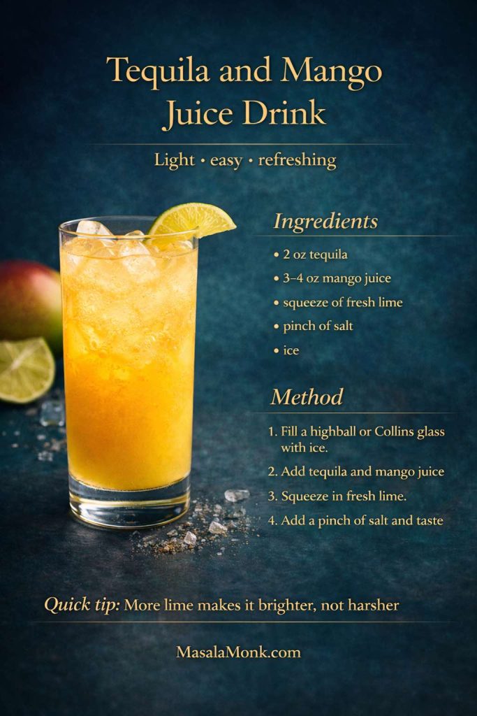 Premium tequila and mango juice drink recipe card showing a light mango tequila drink in a highball glass with lime garnish, ingredient list, method, and a tip to use more lime for brightness on a smooth blue background.