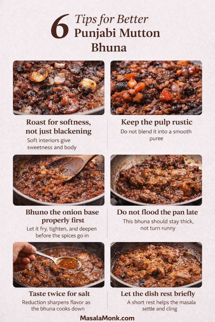 Tips graphic for Punjabi mutton bhuna showing six cooking tips: roast onions and tomatoes for softness, keep the pulp rustic, bhuno the onion base properly, avoid adding too much water late, check salt twice, and let the finished bhuna rest before serving.
