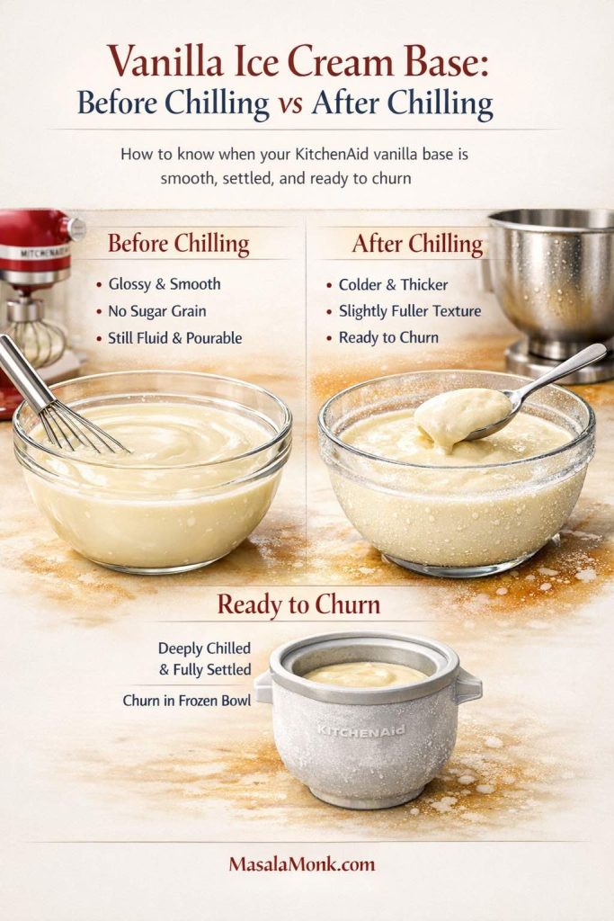 Vanilla ice cream base guide showing before chilling, after chilling, and ready-to-churn texture cues for a KitchenAid mixer, including smooth glossy base, fuller chilled base, and a fully frozen attachment bowl.