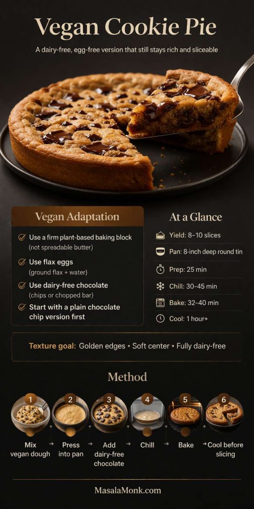 Recipe card for vegan cookie pie showing a dairy-free, egg-free cookie pie with a lifted slice, vegan adaptation tips, timing details, texture goal, and simple step-by-step guidance.