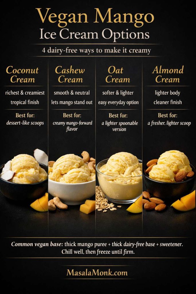 Vegan mango ice cream options chart comparing coconut cream, cashew cream, oat cream, and almond cream, with notes on texture, flavor, and the best use for each dairy-free base.