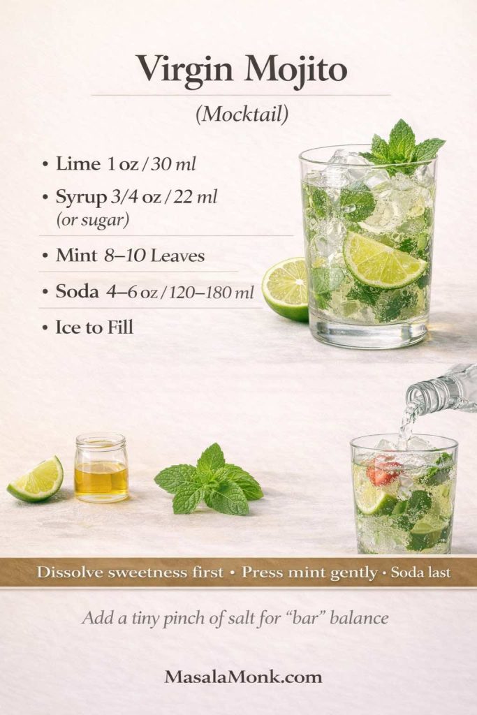 Recipe infographic titled “Virgin Mojito (Mocktail)” showing alcohol-free mojito measurements: lime 1 oz/30 ml, syrup 3/4 oz/22 ml (or sugar), mint 8–10 leaves, soda 4–6 oz/120–180 ml, and ice to fill. Includes technique cues: dissolve sweetness first, press mint gently, and add soda last, plus a note to add a tiny pinch of salt for bar-style balance. MasalaMonk.com appears in the footer.