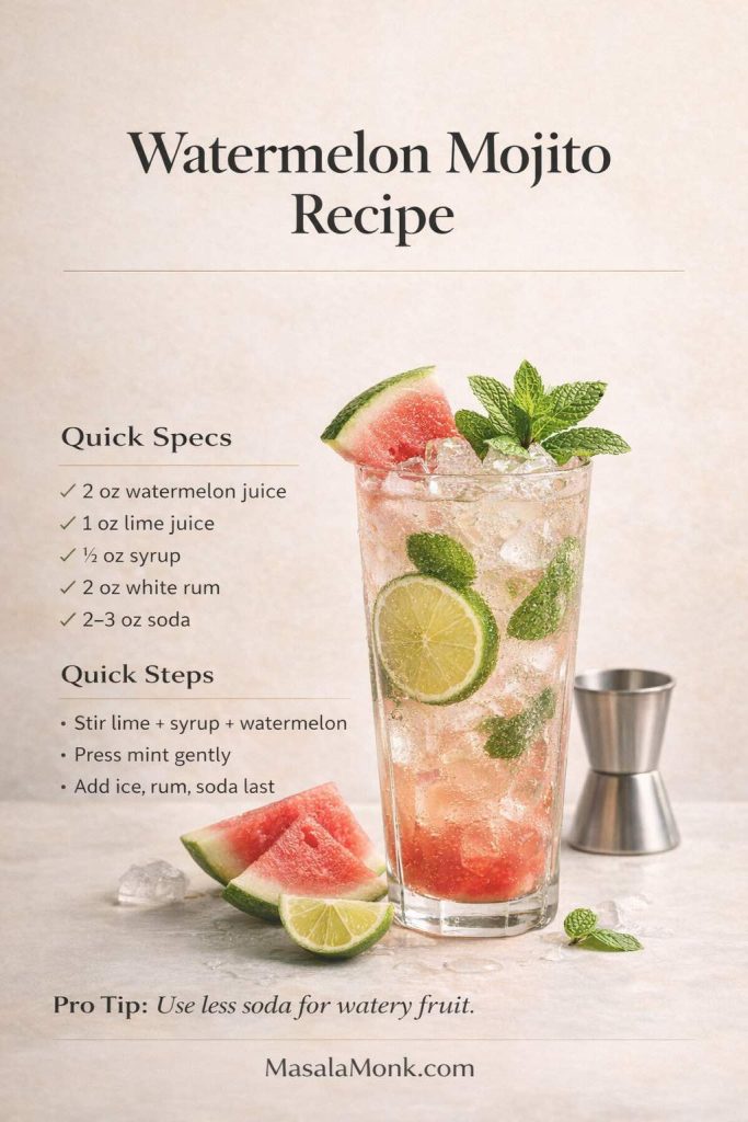 Watermelon Mojito Recipe (1 drink): keep it crisp by stirring lime, syrup, and watermelon first, pressing mint gently, then adding rum, ice, and soda last—plus the key pro tip: use less soda for watery fruit so your mojito stays bright, not thin.