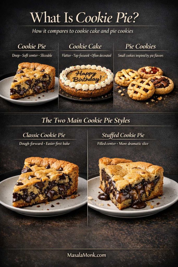 Comparison graphic explaining what cookie pie is, showing cookie pie versus cookie cake versus pie cookies, plus the two main cookie pie styles: classic cookie pie and stuffed cookie pie.