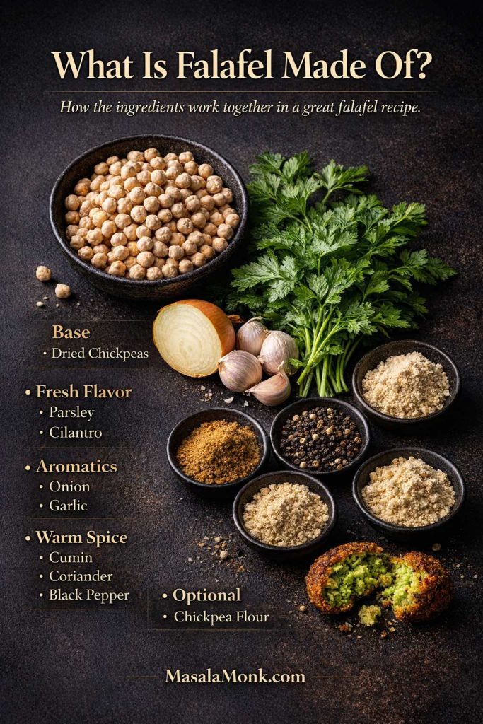 Dark luxe falafel ingredient guide showing dried chickpeas, parsley, cilantro, onion, garlic, cumin, coriander, black pepper, chickpea flour, and a broken falafel with green center under the heading What Is Falafel Made Of.