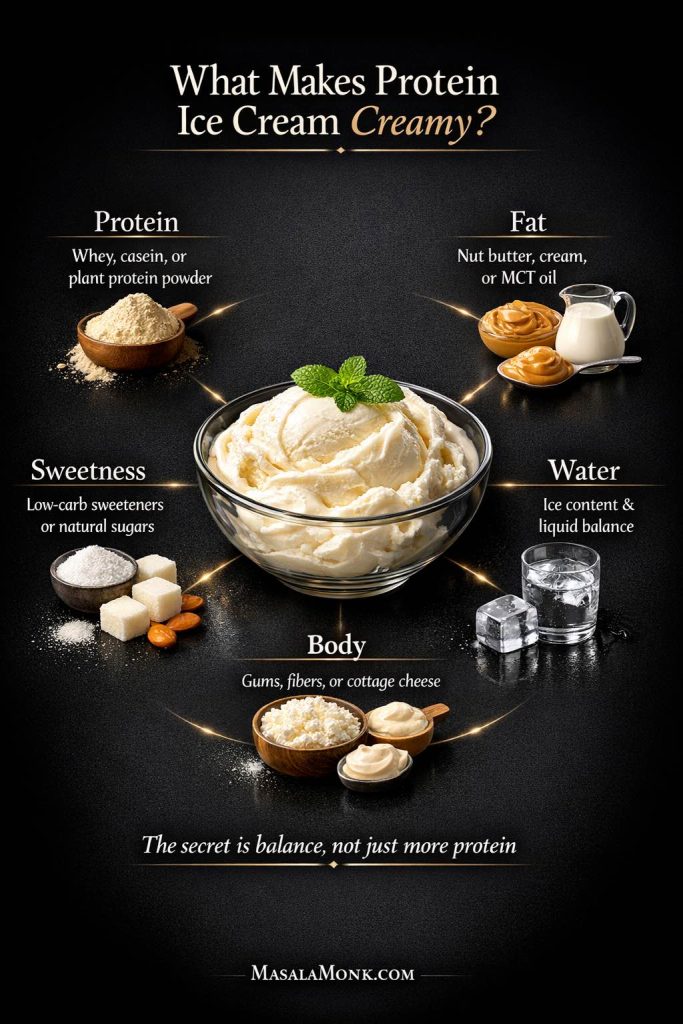 Protein ice cream creamy texture guide showing how protein, fat, sweetness, body, and water affect homemade protein ice cream texture and help prevent chalky or icy results.