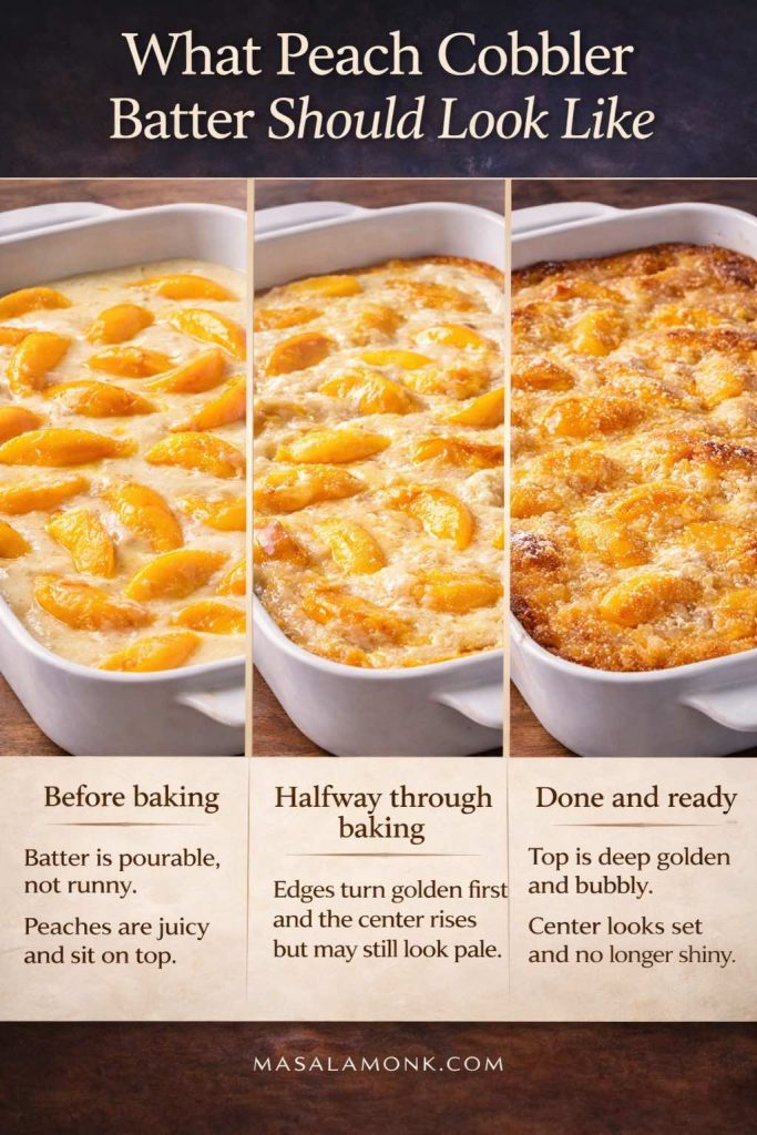 This peach cobbler batter guide shows the visual cues that matter most while baking: a pourable batter before the cobbler goes into the oven, golden edges with a softer center midway through baking, and a deeply golden top with a set center when the cobbler is done. It is a helpful reference if you are making peach cobbler with canned peaches and want to judge doneness by sight instead of guessing from the clock alone. Save it for the next time you want a cobbler that looks right, bakes evenly, and finishes beautifully.