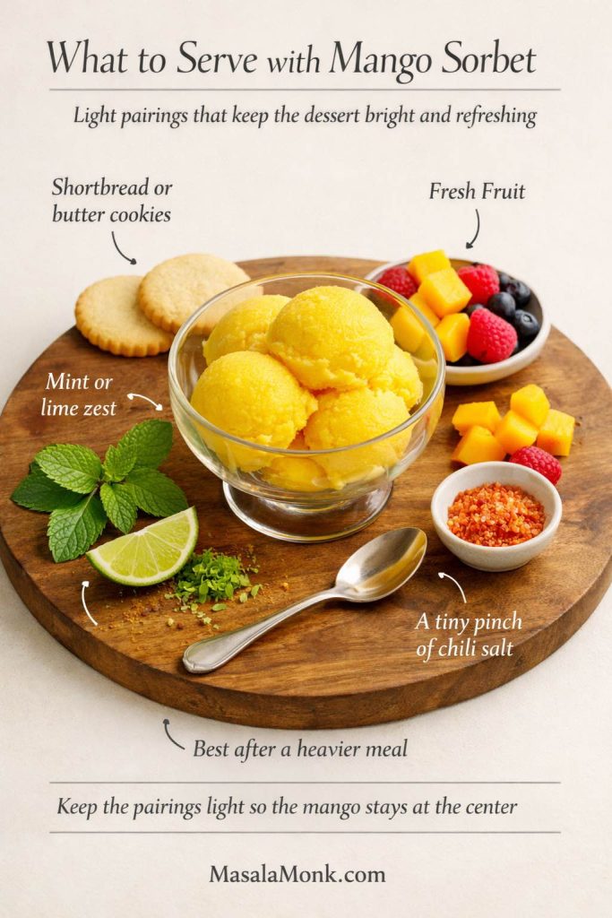 Serving guide for mango sorbet showing a bowl of bright mango sorbet with shortbread cookies, fresh fruit, mint, lime, and a small bowl of chili salt as light pairings.